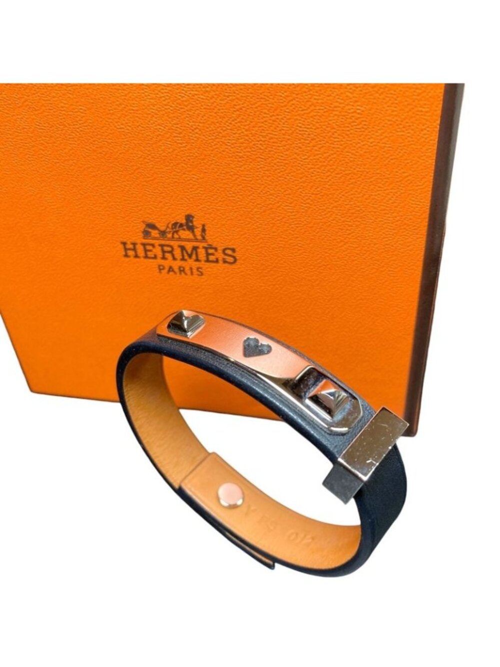Hermes As de Coule Heart Motif Leather Bracelet T2 Navy Silver Brand